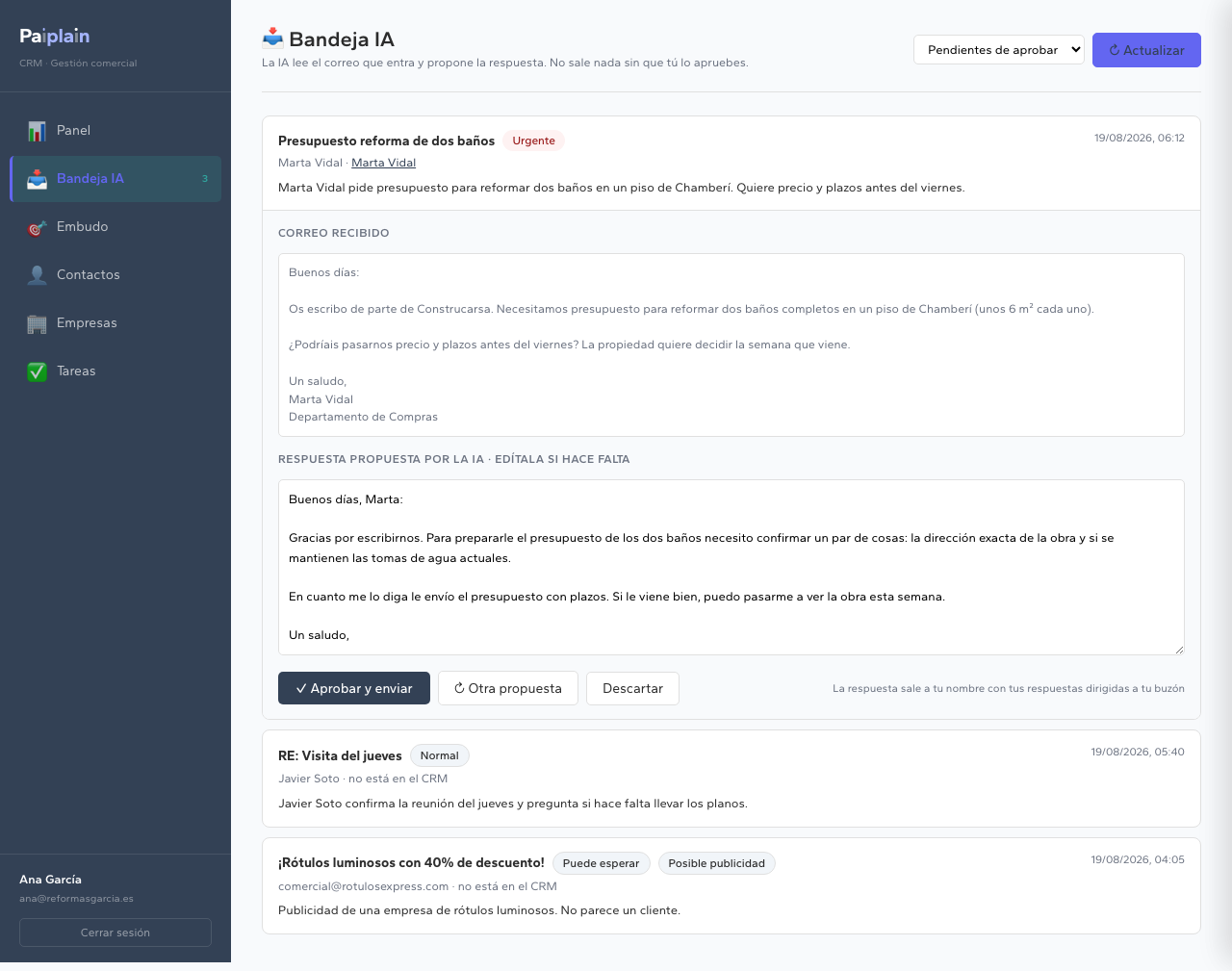 Bandeja de Paiplain: un correo entrante resumido por la IA, marcado como urgente, con la respuesta ya redactada y los botones de aprobar y enviar